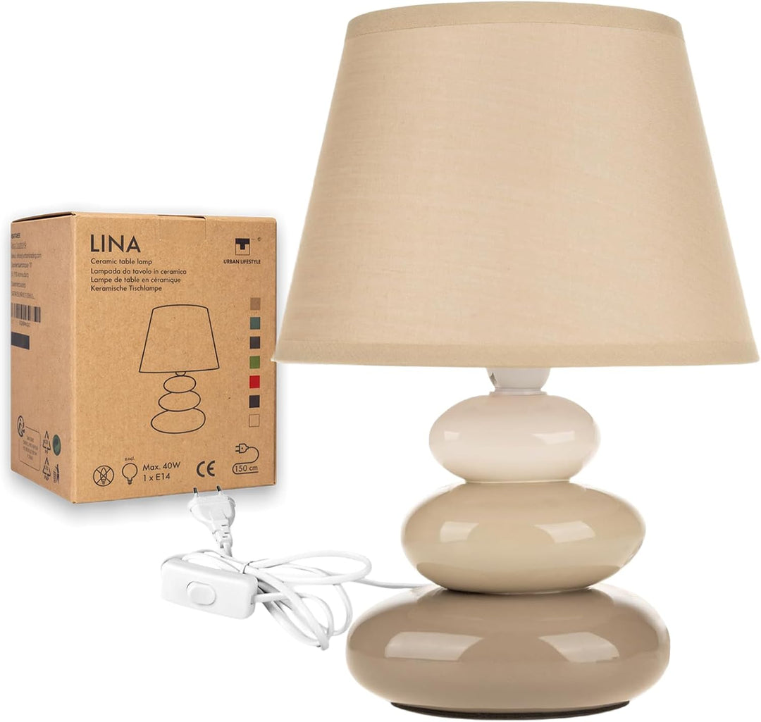 Tischlampe Lina Taupe glänzend – Keramikfuß mit Stoffschirm und Verpackung
