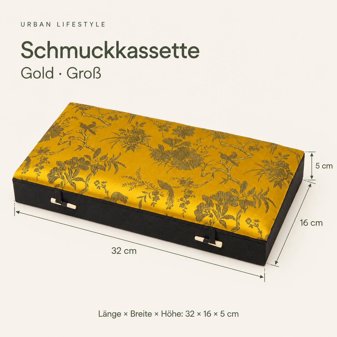 Maßgrafik der Schmuckkassette – 32 × 16 × 5 cm – Gold, Groß.