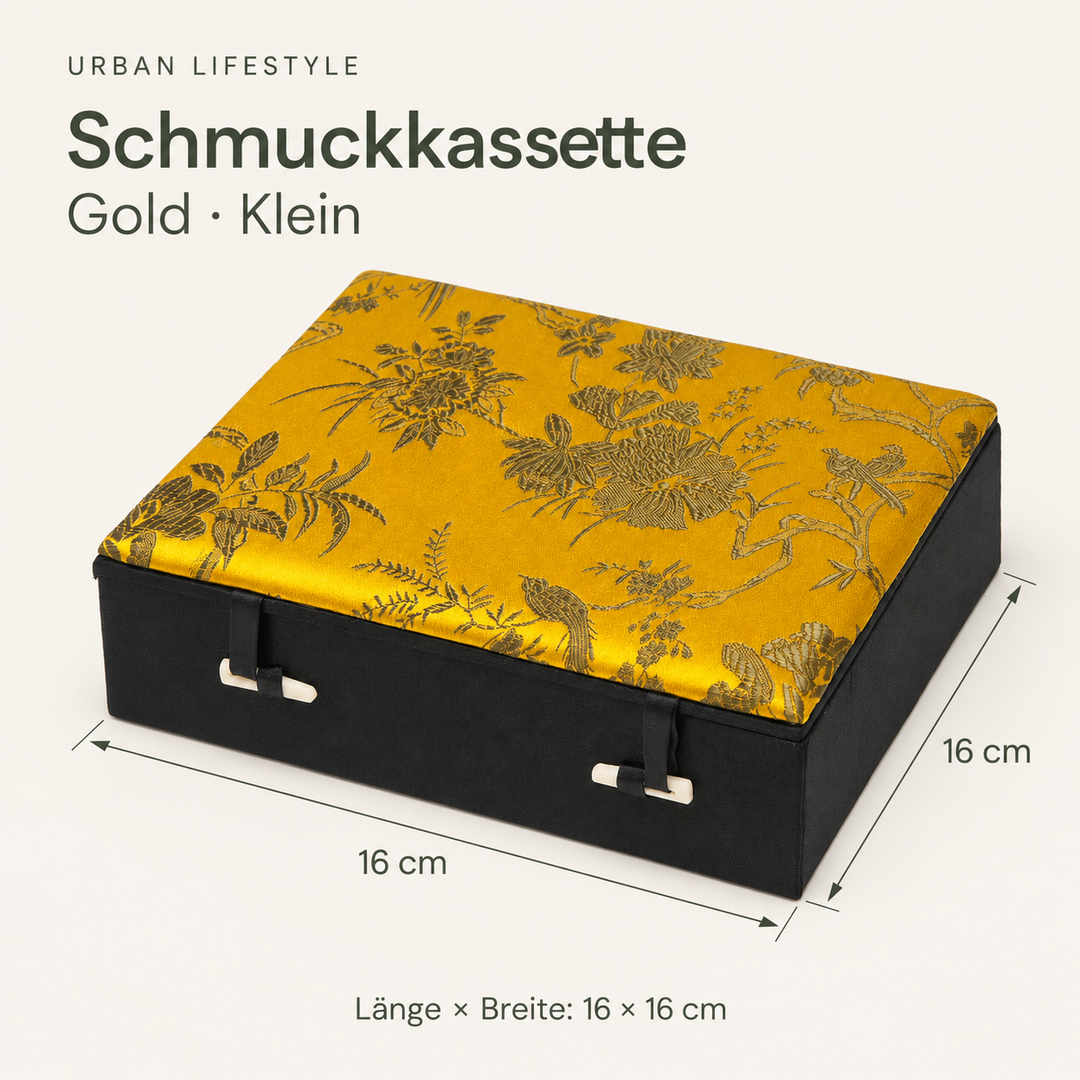 Maßgrafik der Schmuckkassette – 16 × 16 cm – Gold, Klein.