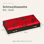 Bild in der Galerie öffnen: Maßgrafik der Schmuckkassette – 32 × 16 × 5 cm – Rot, Groß.