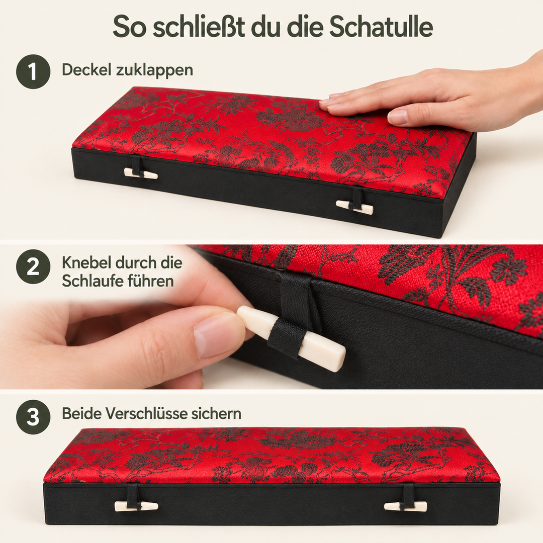 Anleitung zum Schließen der Schmuckkassette mit Knebelverschlüssen – Rot, Groß.