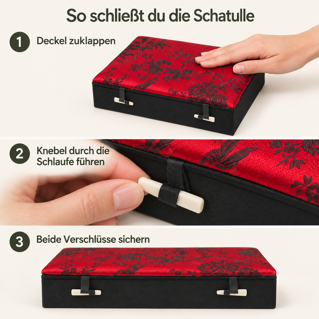 Anleitung zum Schließen der Schmuckkassette mit Knebelverschlüssen – Rot, Klein.