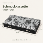 Bild in der Galerie öffnen: Maßgrafik der Schmuckkassette – 32 × 16 × 5 cm – Silber, Groß.