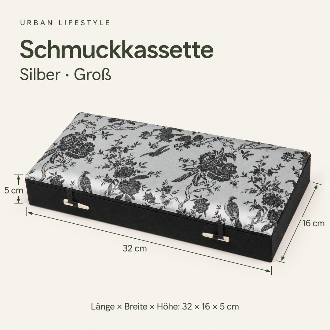 Maßgrafik der Schmuckkassette – 32 × 16 × 5 cm – Silber, Groß.