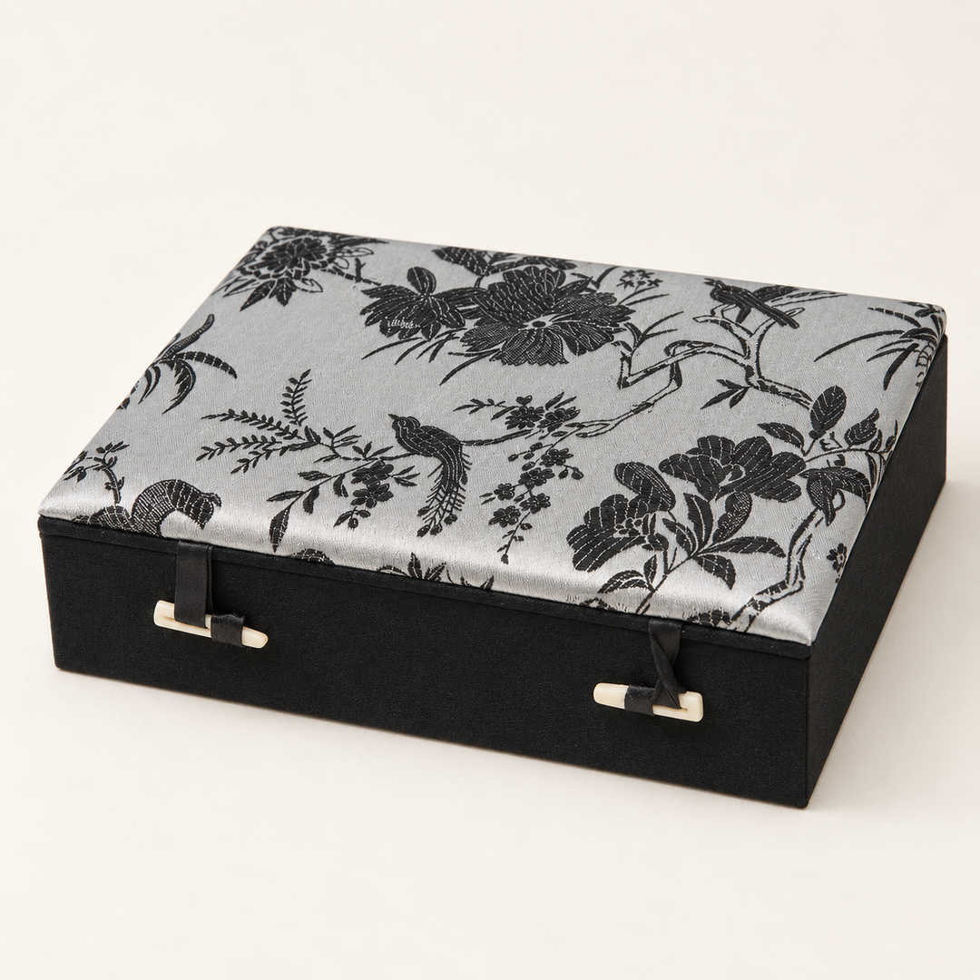 Geschlossene Schmuckkassette Silber, Klein, mit Blumen- und Pfauenmotiv sowie zwei Knebelverschlüssen.