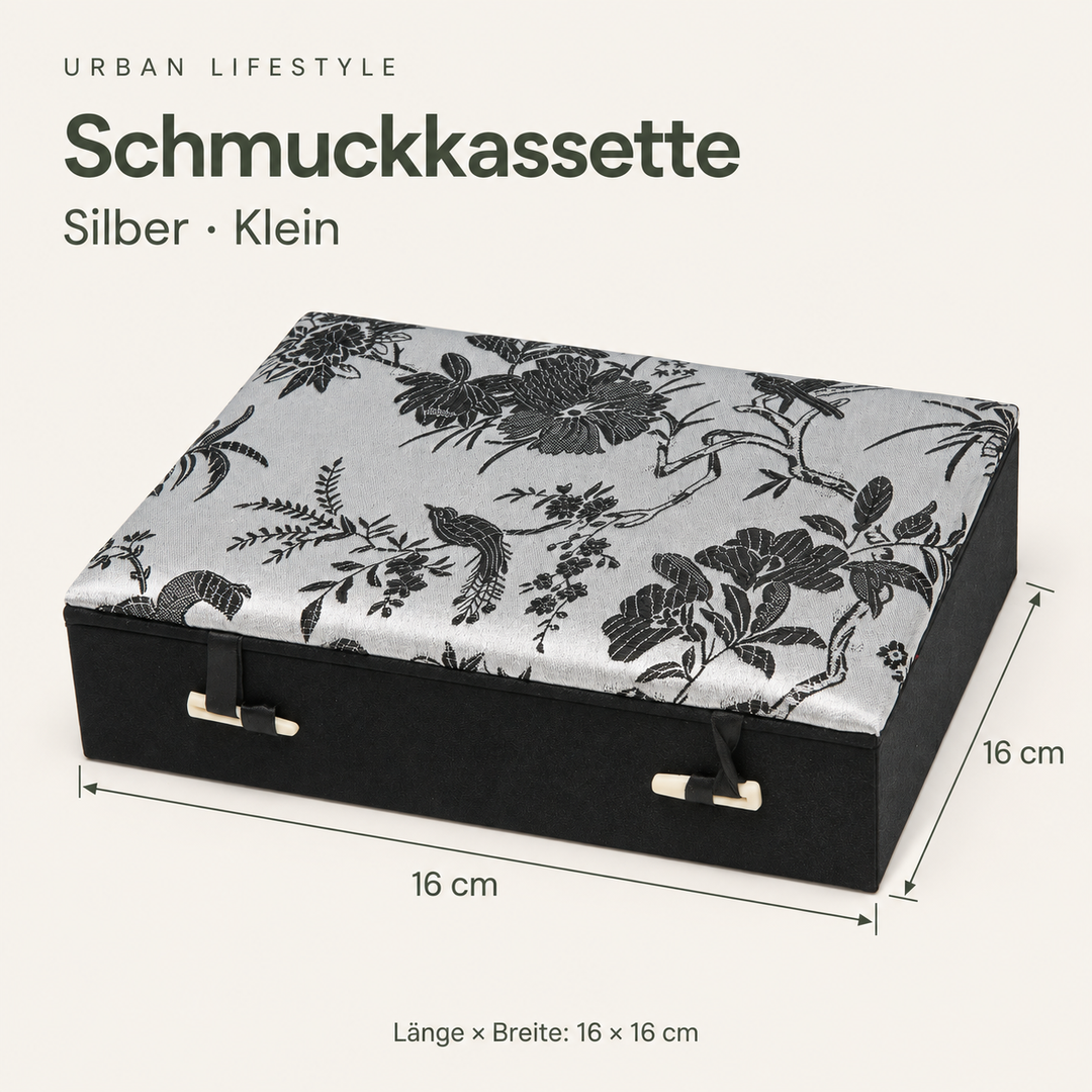 Maßgrafik der Schmuckkassette – 16 × 16 cm – Silber, Klein.