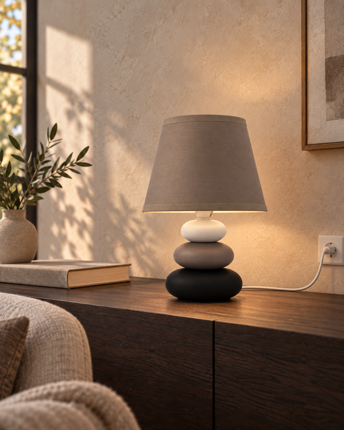 LINA-Tischlampe mit schlichtem Taupe-Stoffschirm und dreifarbigem Keramikfuß, frei auf einem Holz-Sideboard stehend.