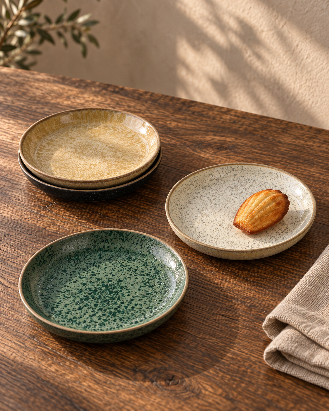 Ronda-Dessertteller aus Steinzeug in Schwarz, Grün, Warmbeige und Cremeweiß auf einem Holztisch.