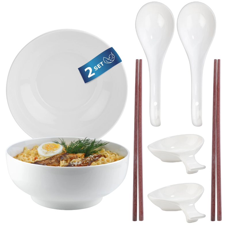 Weißes Ramen-Schüssel-Set aus Porzellan – 2-teilig mit Essstäbchen und Suppenlöffeln, asiatisches Geschirr
