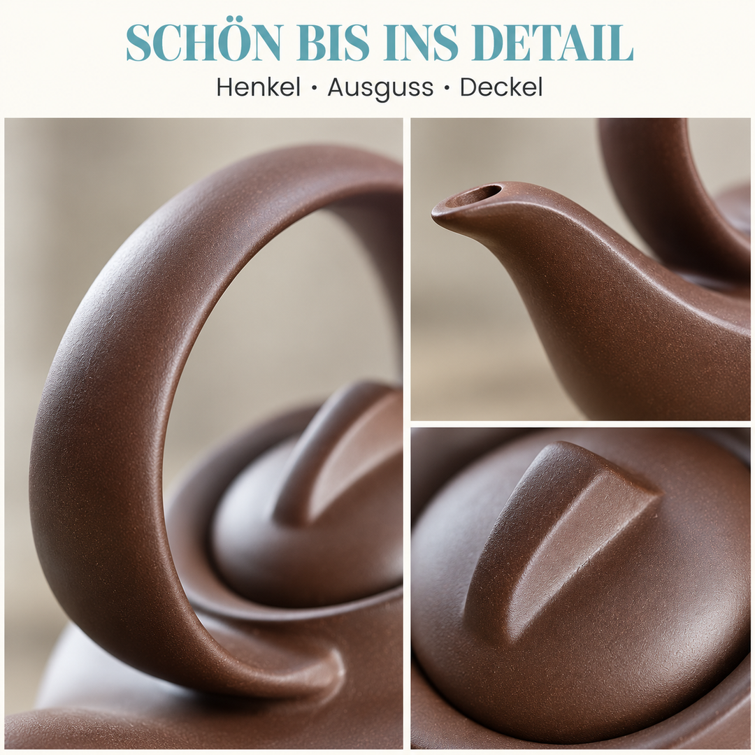 Schön bis ins Detail: Nahaufnahmen von Henkel, Ausguss und Deckel der braunen Yixing-Teekanne
