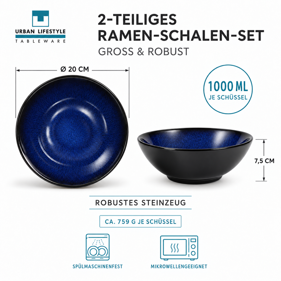 Ramen-Schüssel-Set Yuna – Keramik, Blau, 2er-Set